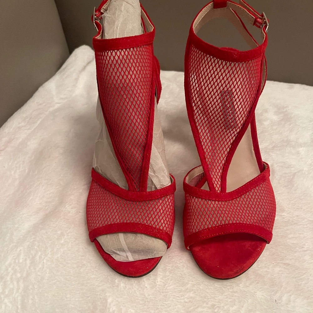 Red mesh and suede sandals